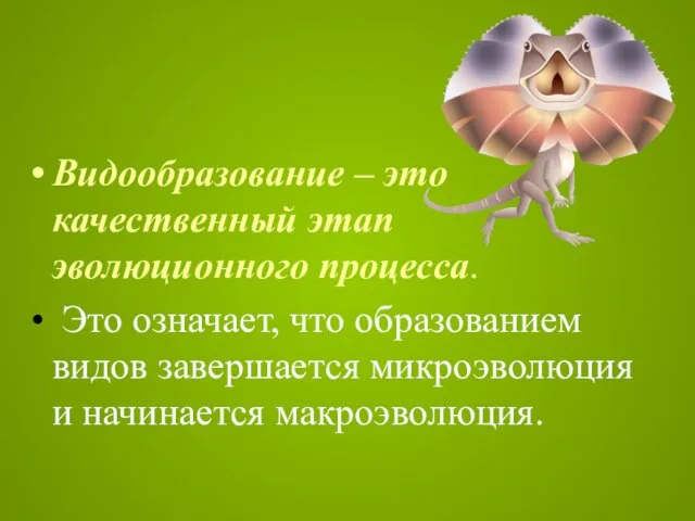 Видообразование – это качественный этап эволюционного процесса. Это означает, что образованием видов