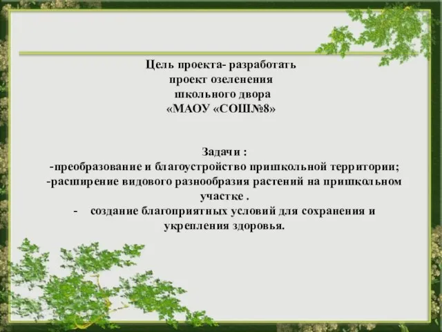 Цель проекта- разработать проект озеленения школьного двора «МАОУ «СОШ№8» Задачи : -преобразование