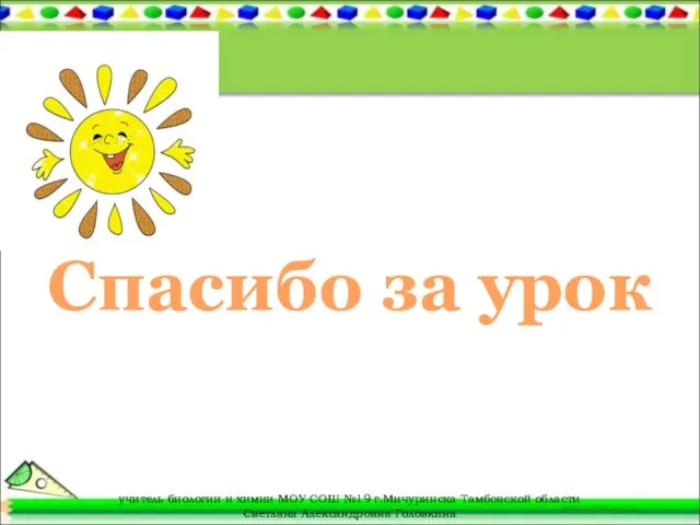 Спасибо за урок учитель биологии и химии МОУ СОШ №19 г.Мичуринска Тамбовской области Светлана Александровна Головкина