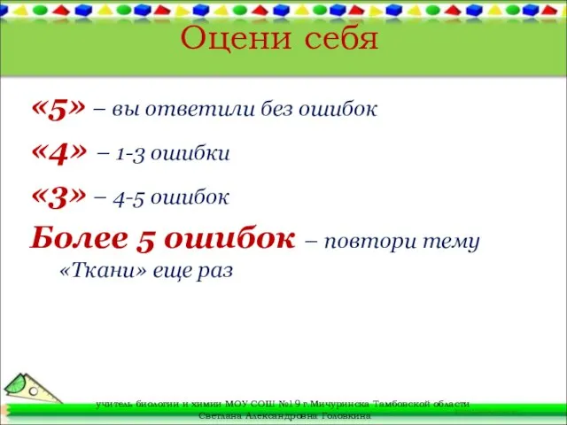 Оцени себя «5» – вы ответили без ошибок «4» – 1-3 ошибки