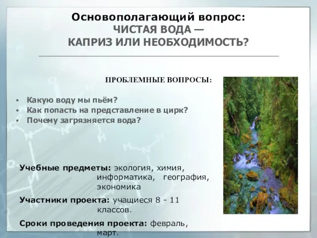 Основополагающий вопрос: ЧИСТАЯ ВОДА — КАПРИЗ ИЛИ НЕОБХОДИМОСТЬ? ПРОБЛЕМНЫЕ ВОПРОСЫ: Какую воду