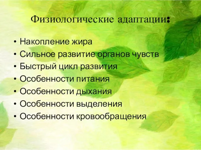 Физиологические адаптации: Накопление жира Сильное развитие органов чувств Быстрый цикл развития Особенности