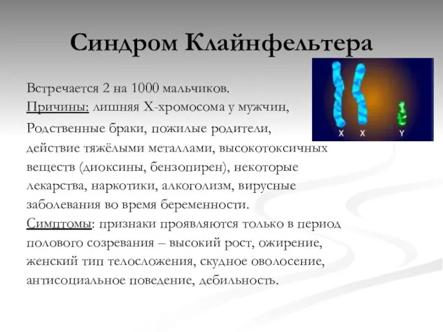 Синдром Клайнфельтера Встречается 2 на 1000 мальчиков. Причины: лишняя Х-хромосома у мужчин,