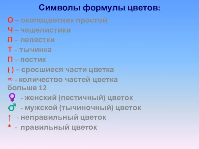 Символы формулы цветов: О – околоцветник простой Ч – чашелистики Л –