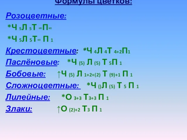 Формулы цветков: Розоцветные: *Ч 5Л 5Т ∞П∞ *Ч 5Л 5Т∞ П 1