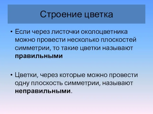 Строение цветка Если через листочки околоцветника можно провести несколько плоскостей симметрии, то