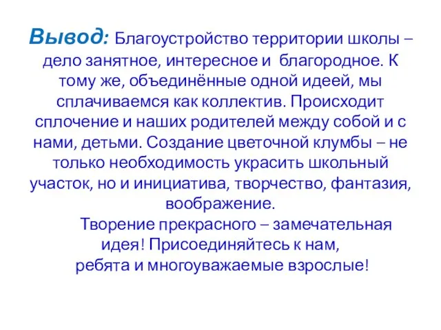 Вывод: Благоустройство территории школы – дело занятное, интересное и благородное. К тому