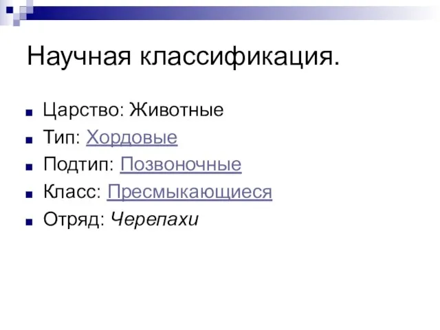 Научная классификация. Царство: Животные Тип: Хордовые Подтип: Позвоночные Класс: Пресмыкающиеся Отряд: Черепахи