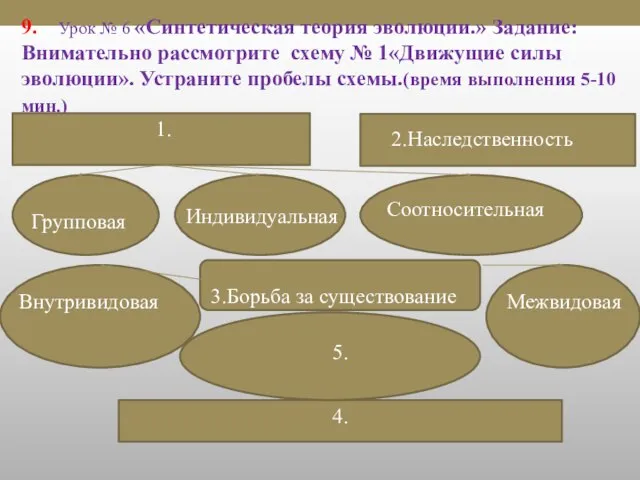 9. Урок № 6 «Синтетическая теория эволюции.» Задание: Внимательно рассмотрите схему №