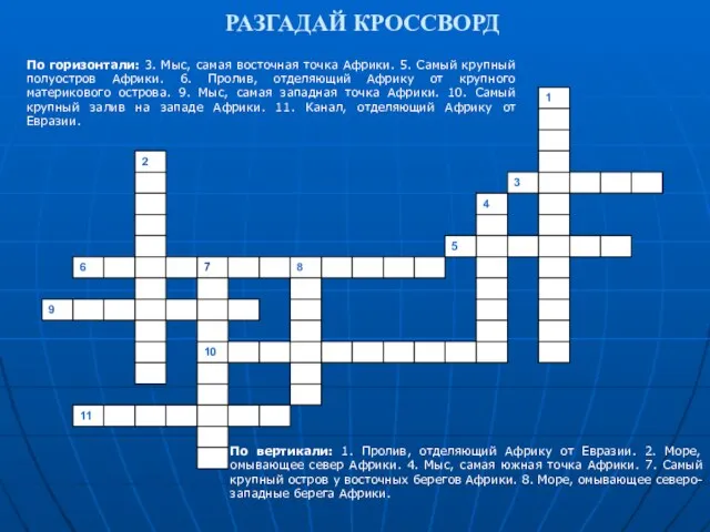 РАЗГАДАЙ КРОССВОРД По вертикали: 1. Пролив, отделяющий Африку от Евразии. 2. Море,