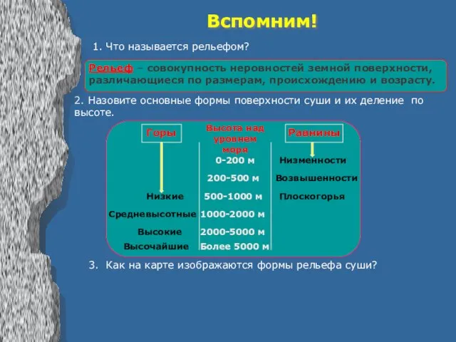 Вспомним! 1. Что называется рельефом? Рельеф – совокупность неровностей земной поверхности, различающиеся