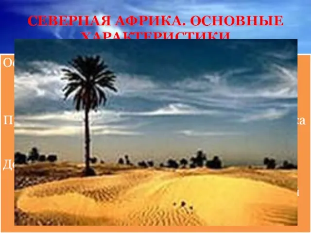 СЕВЕРНАЯ АФРИКА. ОСНОВНЫЕ ХАРАКТЕРИСТИКИ Основная территория Северной Африки занята пустыней Сахара, которая