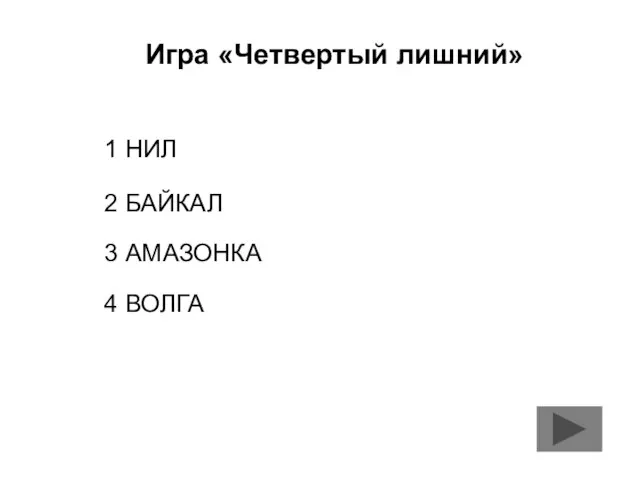 Игра «Четвертый лишний» 1 НИЛ 2 БАЙКАЛ 3 АМАЗОНКА 4 ВОЛГА