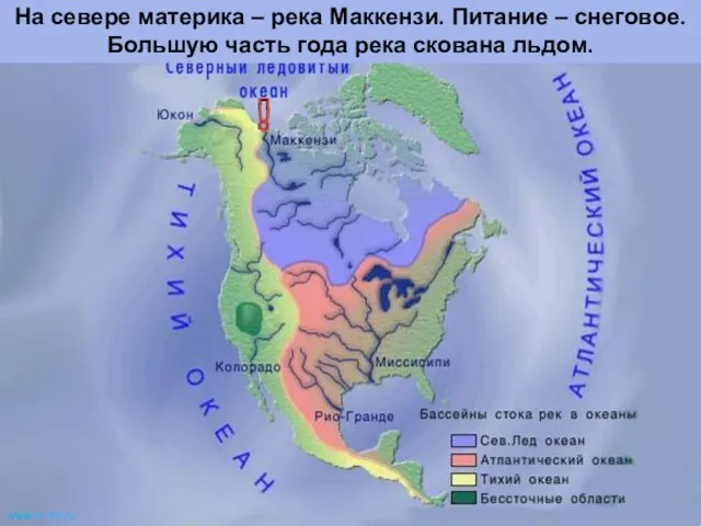 На севере материка – река Маккензи. Питание – снеговое. Большую часть года