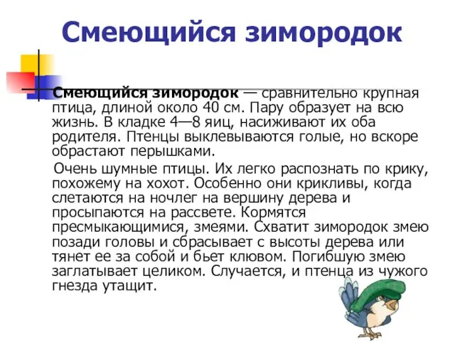 Смеющийся зимородок Смеющийся зимородок — сравнительно крупная птица, длиной около 40 см.