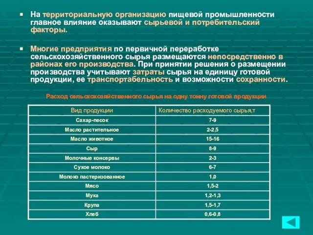 На территориальную организацию пищевой промышленности главное влияние оказывают сырьевой и потребительский факторы.