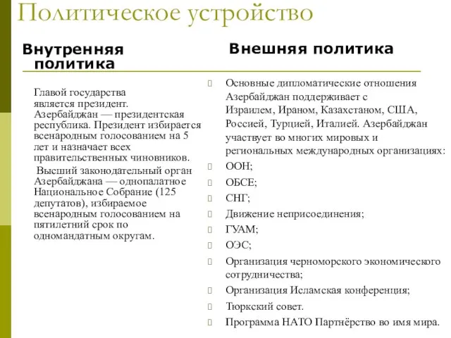 Политическое устройство Внутренняя политика Главой государства является президент. Азербайджан — президентская республика.