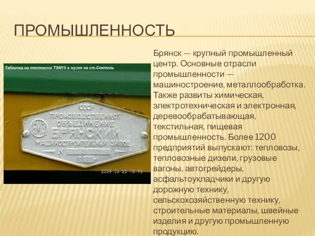 ПРОМЫШЛЕННОСТЬ Брянск — крупный промышленный центр. Основные отрасли промышленности — машиностроение, металлообработка.