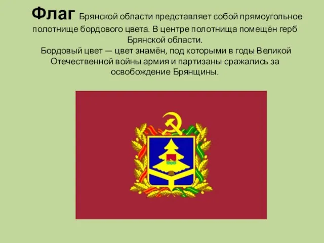 Флаг Брянской области представляет собой прямоугольное полотнище бордового цвета. В центре полотнища