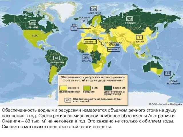 Обеспеченность водными ресурсами измеряется объемом речного стока на душу населения в год.