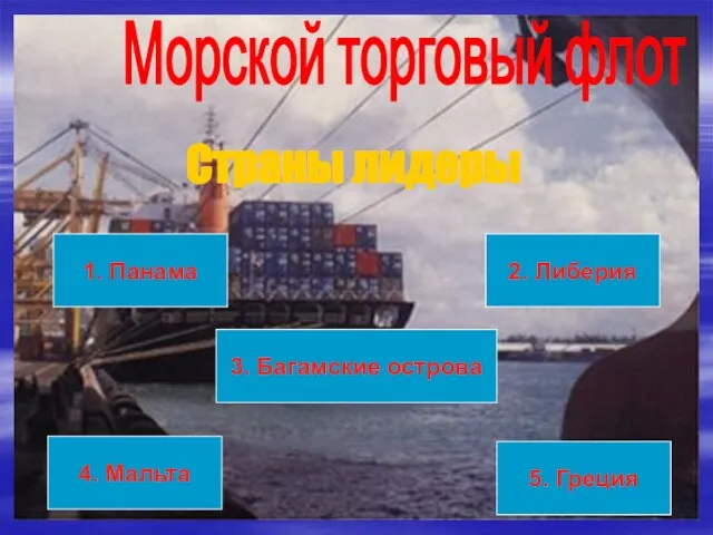 Морской торговый флот Страны лидеры 1. Панама 5. Греция 4. Мальта 3. Багамские острова 2. Либерия