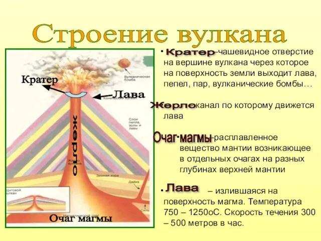 Строение вулкана –чашевидное отверстие на вершине вулкана через которое на поверхность земли