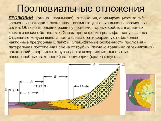 Пролювиальные отложения ПРОЛЮВИЙ - (proluo - промываю) - отложения, формирующиеся за счёт