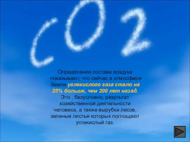 Определения состава воздуха показывают, что сейчас в атмосфере Земли углекислого газа стало