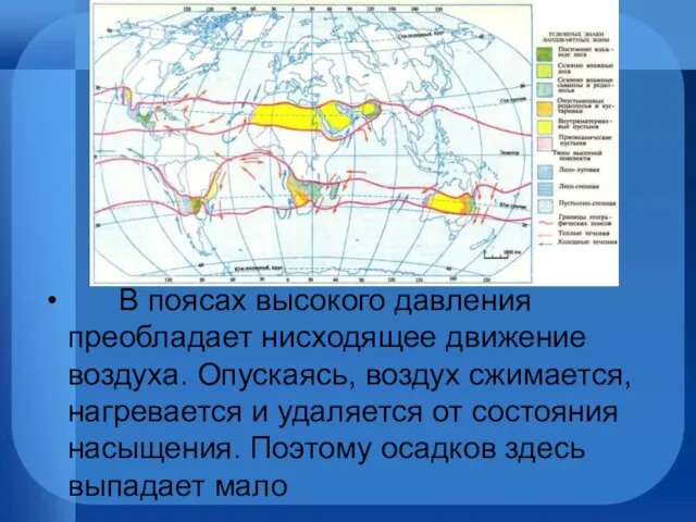 В поясах высокого давления преобладает нисходящее движение воздуха. Опускаясь, воздух сжимается, нагревается