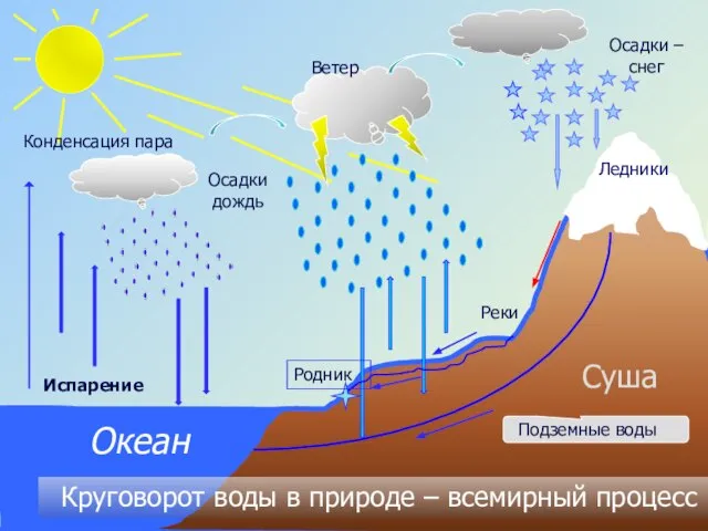 Испарение Конденсация пара Осадкидождь Осадки – снег Ветер Круговорот воды в природе