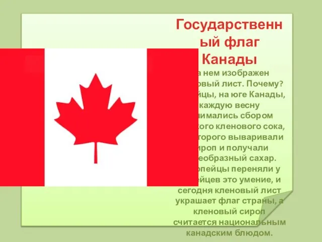 Государственный флаг Канады На нем изображен кленовый лист. Почему? Индейцы, на юге