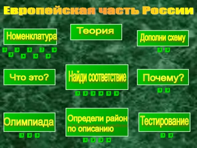 Европейская часть России Номенклатура Теория Найди соответствие Определи район по описанию Тестирование