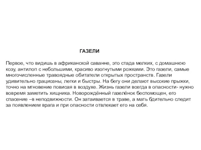 ГАЗЕЛИ Первое, что видишь в африканской саванне, это стада мелких, с домашнюю