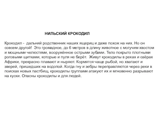 НИЛЬСКИЙ КРОКОДИЛ Крокодил - дальний родственник наших ящериц и даже похож на