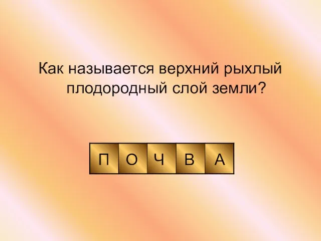 Как называется верхний рыхлый плодородный слой земли? П Ч О В А