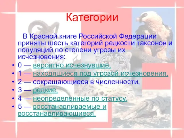 Категории В Красной книге Российской Федерации приняты шесть категорий редкости таксонов и