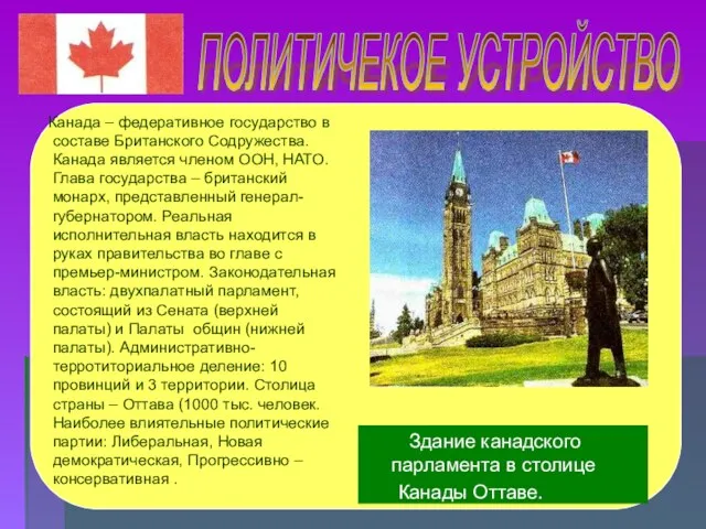 ПОЛИТИЧЕКОЕ УСТРОЙСТВО Канада – федеративное государство в составе Британского Содружества. Канада является