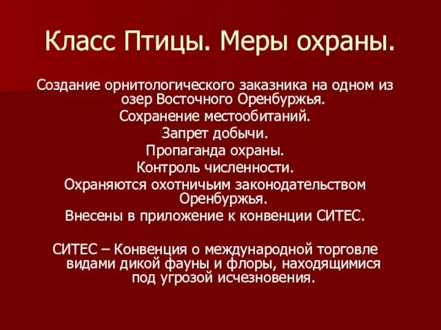 Класс Птицы. Меры охраны. Создание орнитологического заказника на одном из озер Восточного