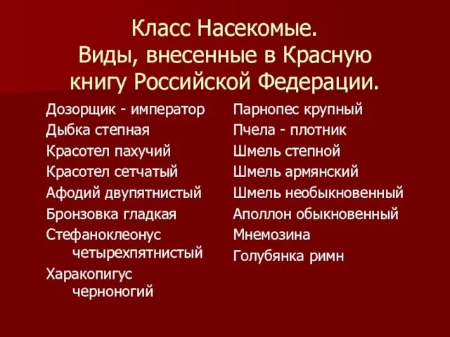 Класс Насекомые. Виды, внесенные в Красную книгу Российской Федерации. Дозорщик - император