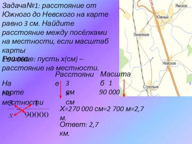 Задача№1: расстояние от Южного до Невского на карте равно 3 см. Найдите