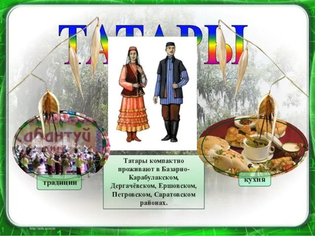 ТАТАРЫ Татары компактно проживают в Базарно-Карабулакском, Дергачёвском, Ершовском, Петровском, Саратовском районах. традиции кухня