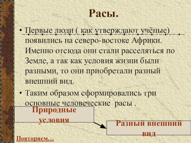 Расы. Первые люди ( как утверждают учёные) появились на северо-востоке Африки. Именно