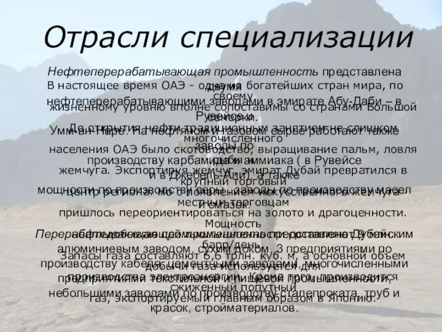 Отрасли специализации В настоящее время ОАЭ - одна из богатейших стран мира,