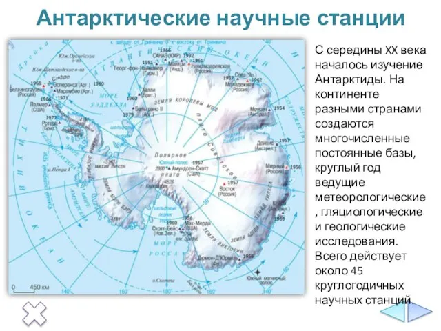 Антарктические научные станции С середины XX века началось изучение Антарктиды. На континенте