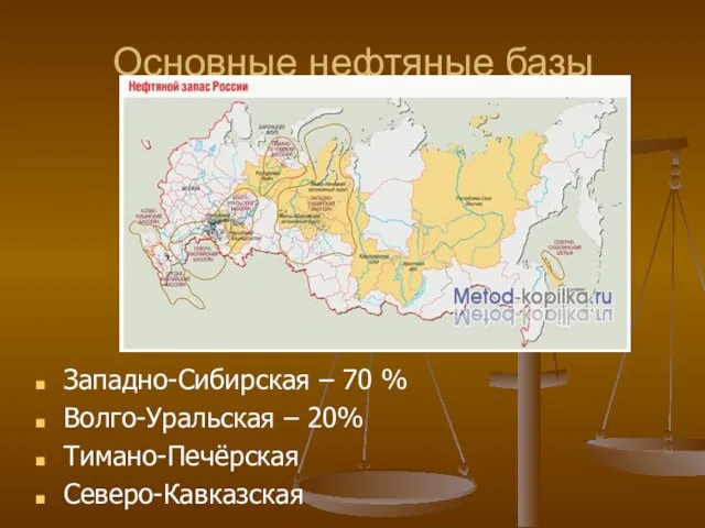 Основные нефтяные базы Западно-Сибирская – 70 % Волго-Уральская – 20% Тимано-Печёрская Северо-Кавказская