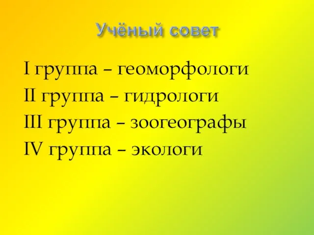 I группа – геоморфологи II группа – гидрологи III группа – зоогеографы IV группа – экологи