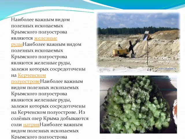 Наиболее важным видом полезных ископаемых Крымского полуострова являются железные рудыНаиболее важным видом