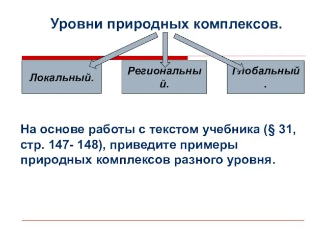 Уровни природных комплексов. Локальный. Региональный. Глобальный. На основе работы с текстом учебника