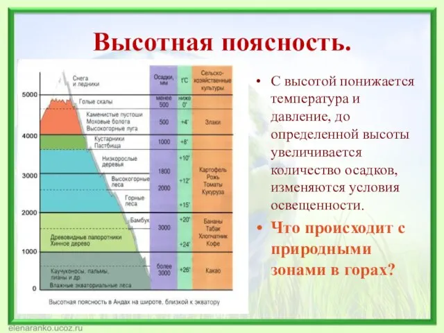 Высотная поясность. С высотой понижается температура и давление, до определенной высоты увеличивается