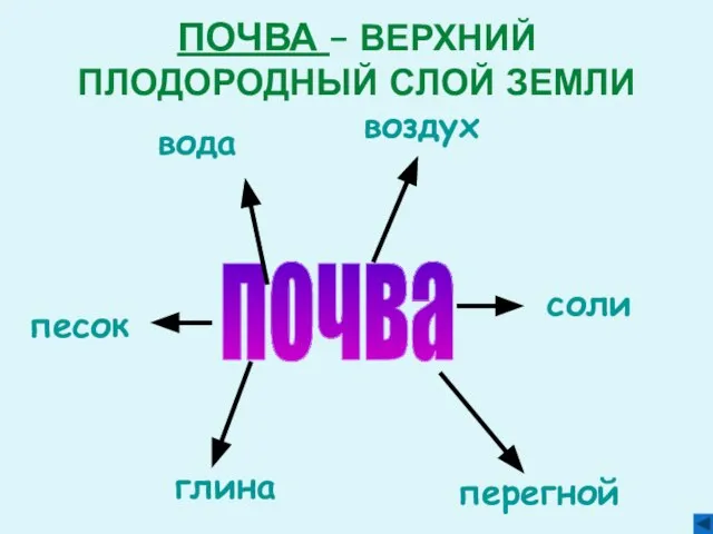 почва воздух вода песок глина соли перегной ПОЧВА – ВЕРХНИЙ ПЛОДОРОДНЫЙ СЛОЙ ЗЕМЛИ